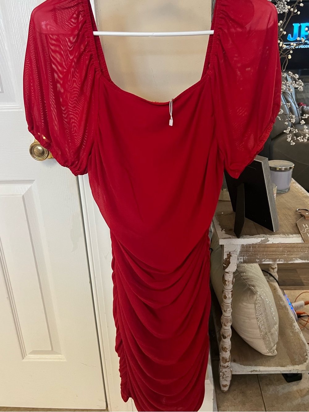 Off-Shoulder Ruched Red Cocktail Dress - Picture 5 of 7